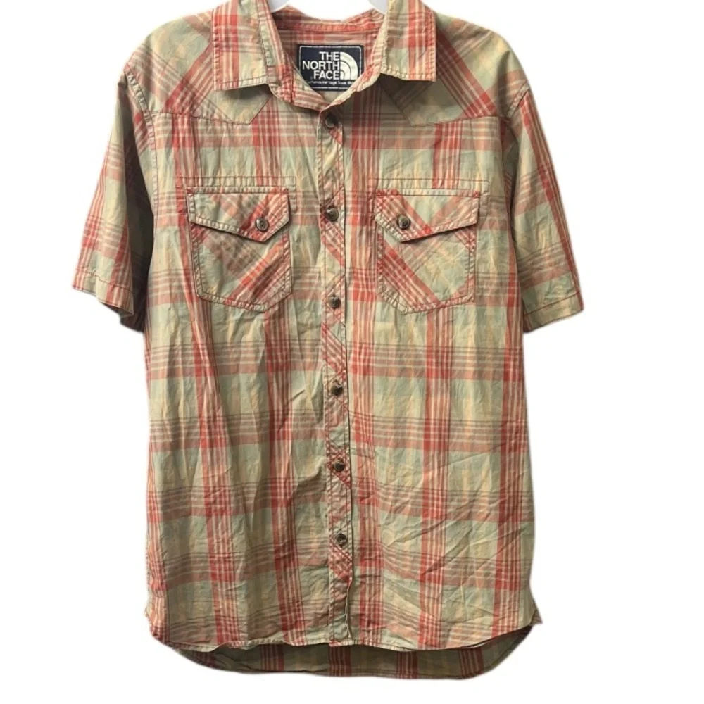 The North Face Button Up Short Sleeve Plaid Tan Shirt Large